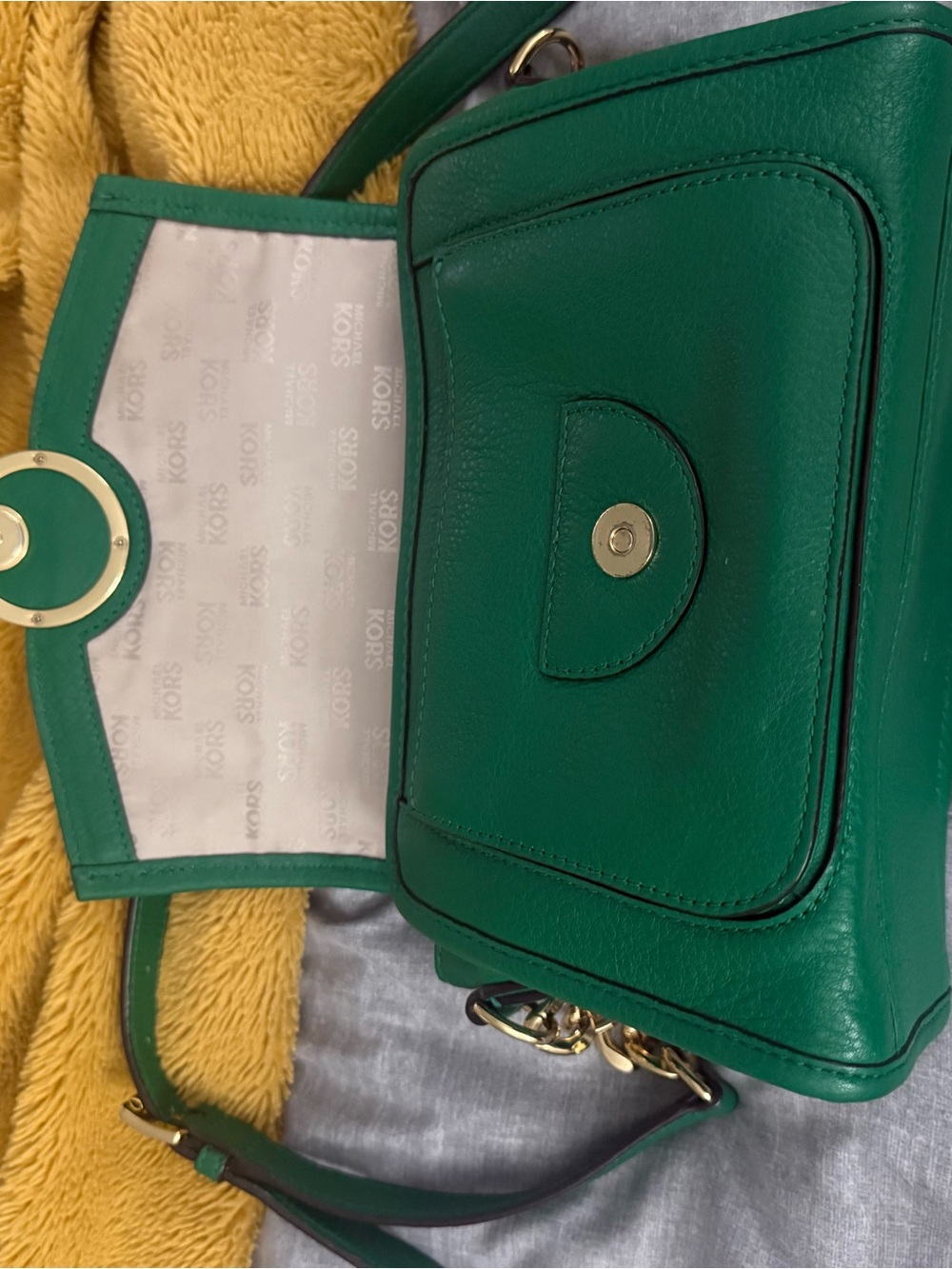 Michael Kors Emerald Green Pebbled Leather Crossbody with Gold MK Logo - Picture 2 of 4